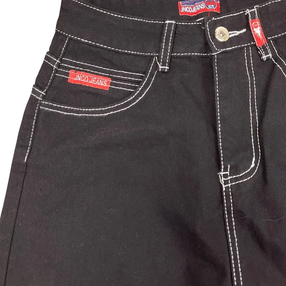 Wide Leg‎ Flaming Skull Pocket  Mens Small Black Contrast Stitch Denim Hip Hop